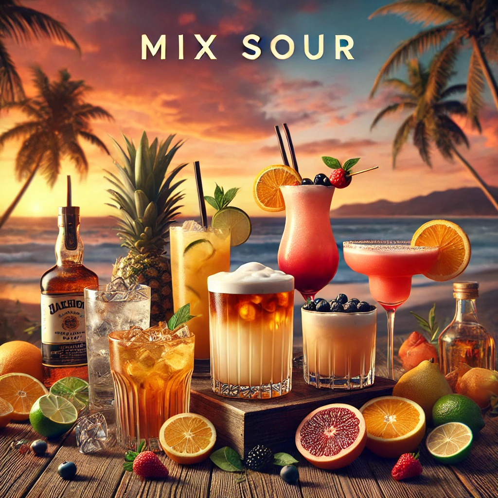 DALL·E 2024-10-23 13.21.15 – A highly realistic image for a ‘Mix Sour’ category on a food and beverage website. The scene is set on a tropical beach at sunset, with vibrant orange