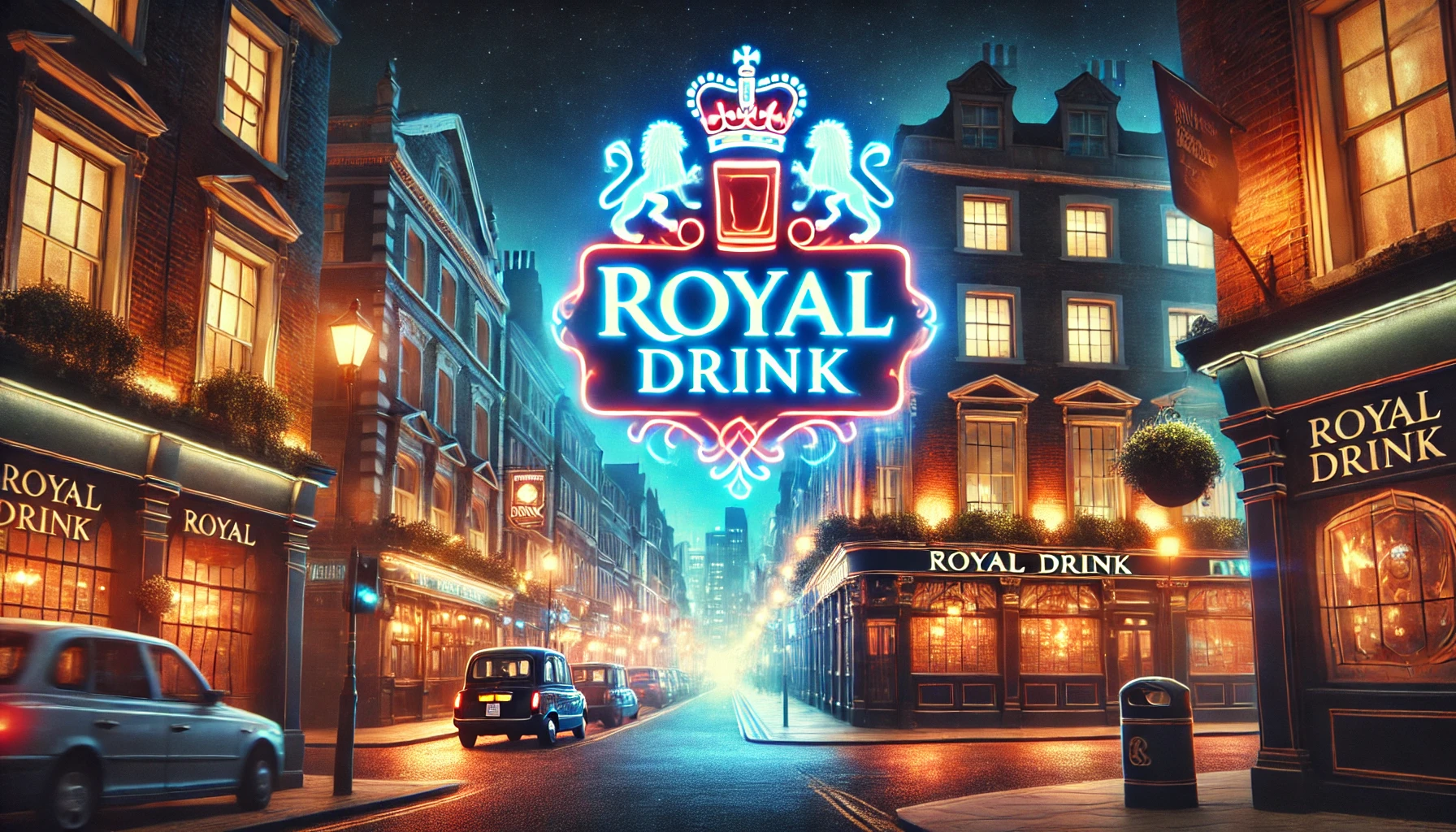 DALL·E 2024-10-25 18.04.47 – A night-time pub scene banner with various pubs in the background, illuminated by colorful and vibrant lights. The Royal Drink logo is prominently pla