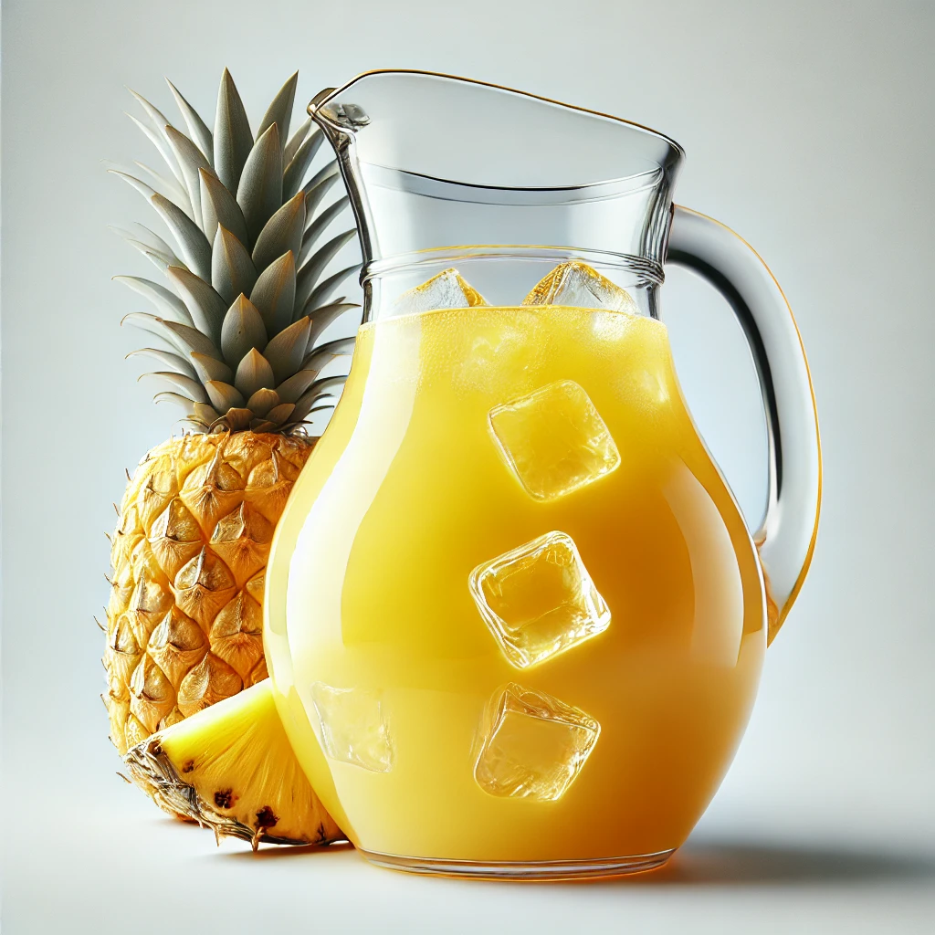 DALL·E 2024-11-07 11.12.19 – A realistic photo of a glass pitcher filled with fresh pineapple juice against a white background. The pitcher is transparent, showcasing the vibrant