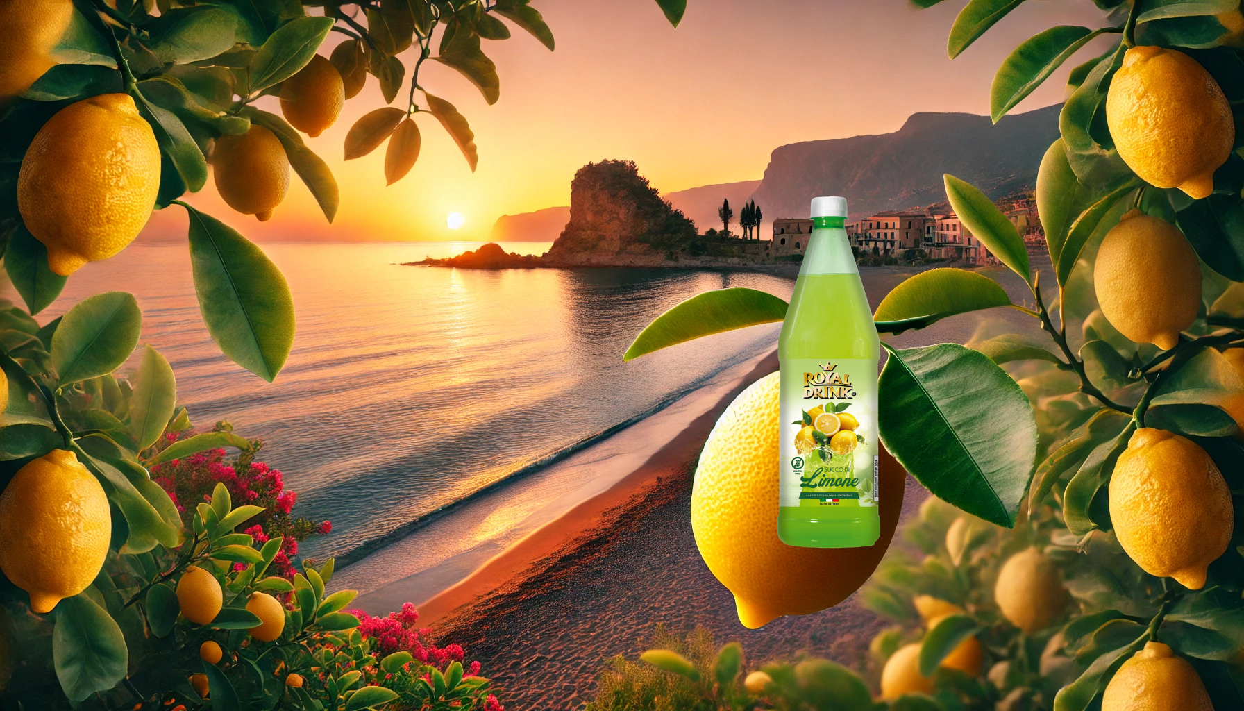 DALL·E 2024-11-19 12.15.15 – A banner focusing on a Sicilian lemon in a picturesque sunset setting on a Sicilian beach. The scene includes lemon trees laden with vibrant yellow le